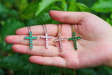 Silver Green Pink Crystal Zircon Jesus Cross Pendant Necklace