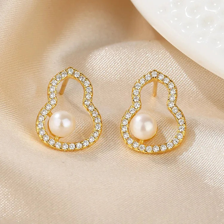 Diamond-set Gourd Pearl Earrings Sterling Silver Women's Jewelry