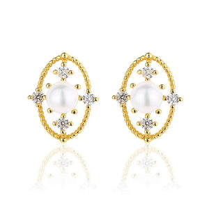 ZFSILVER S925 Silver Pearl Earrings with Diamond Eyes