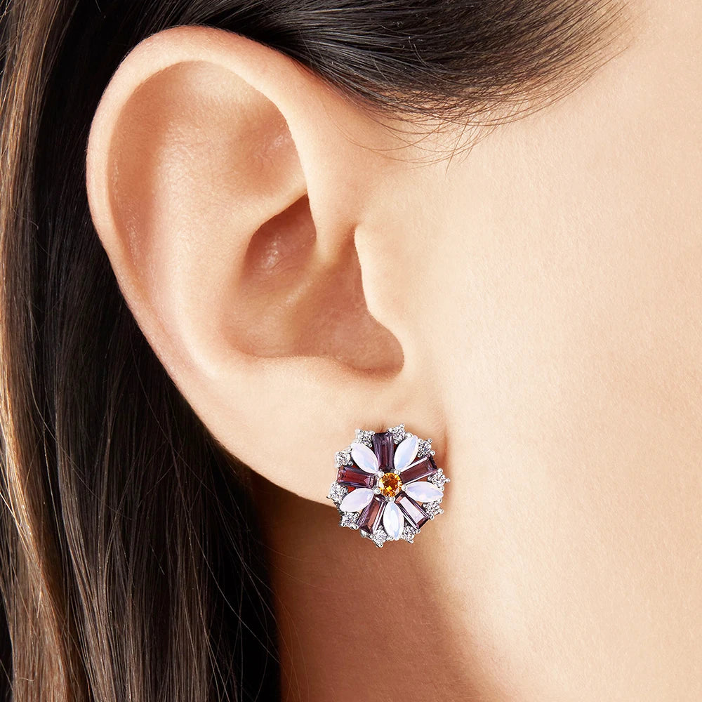 Colorful Flower Ear Clip, Europe Style Fine Jewelry, 925 Sterling Silver
