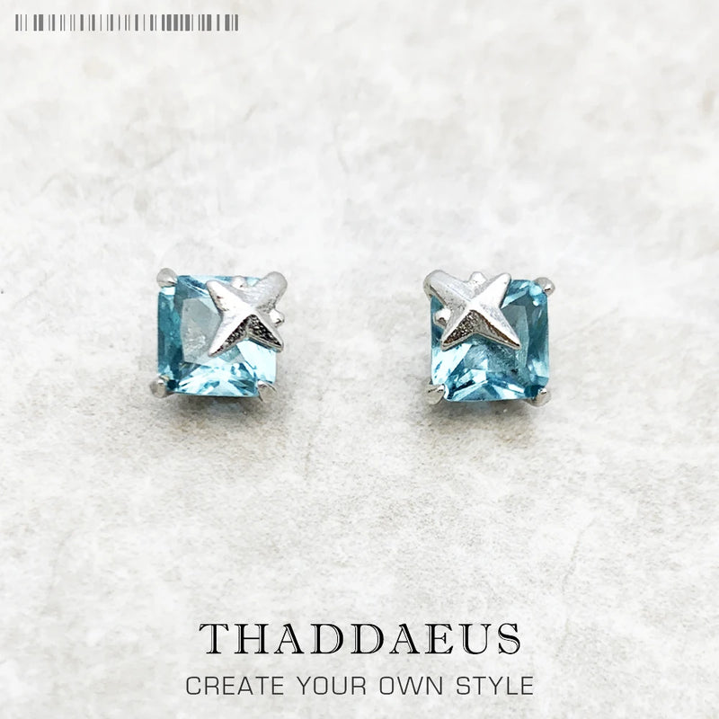 Aquamarine Stone Star Ear Studs 925 Silver