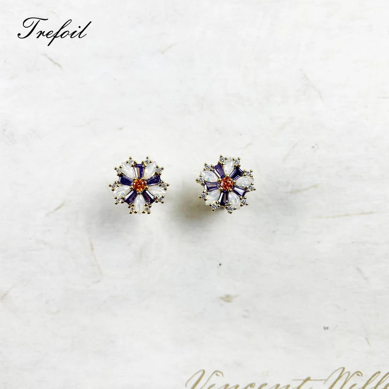 Flower Ear Studs Colorful Stones in 925 Silver Fine Jewelry