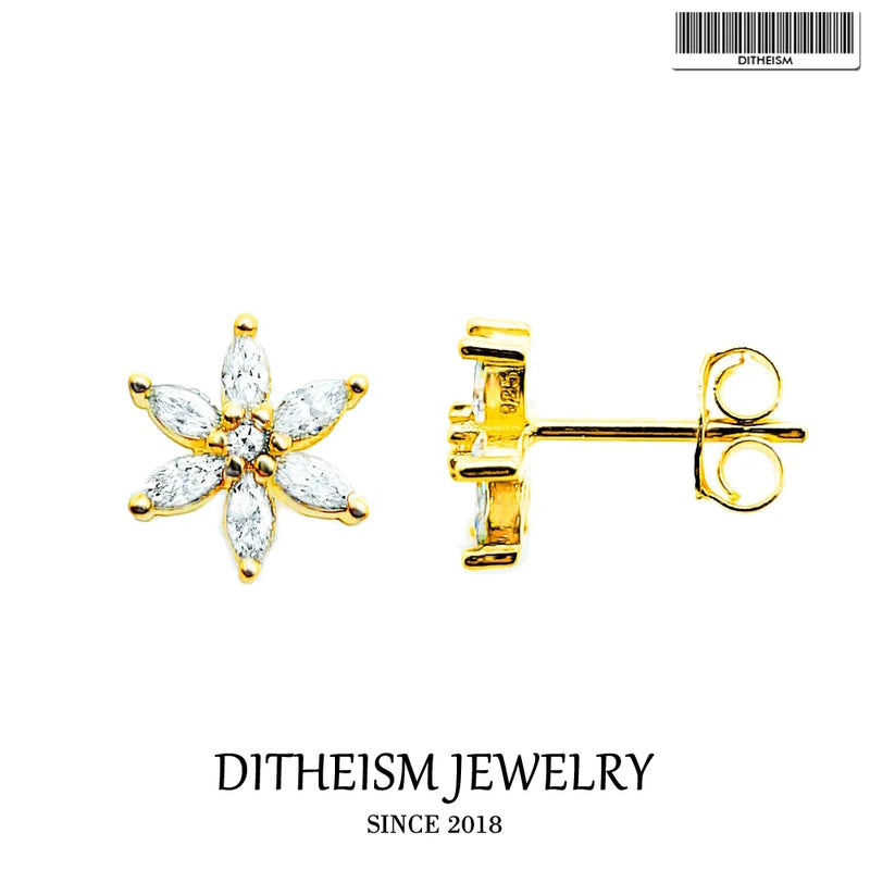 Golden Flower Ear Studs in 925 Sterling Silver with Zircon Stones