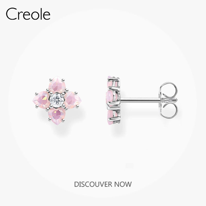 Pink Flower 925 Silver Zircon Earrings for Women