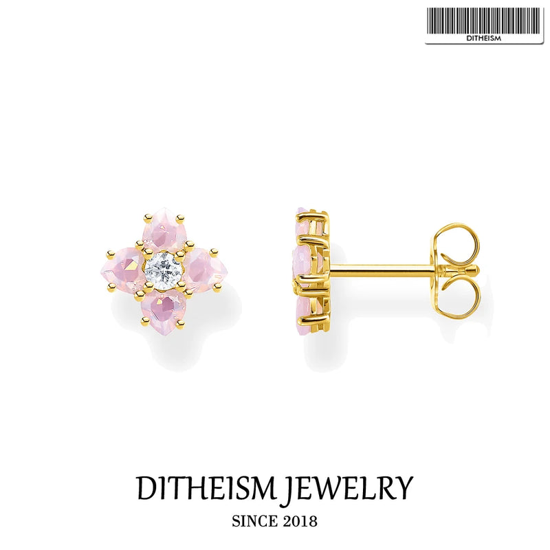 Pink Flower Ear Studs in 925 Sterling Silver Women Jewelry
