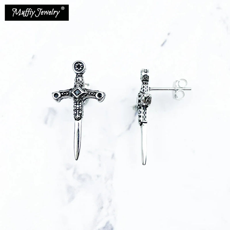 Sword Ear Studs 925 Silver Zirconia Vintage Gift