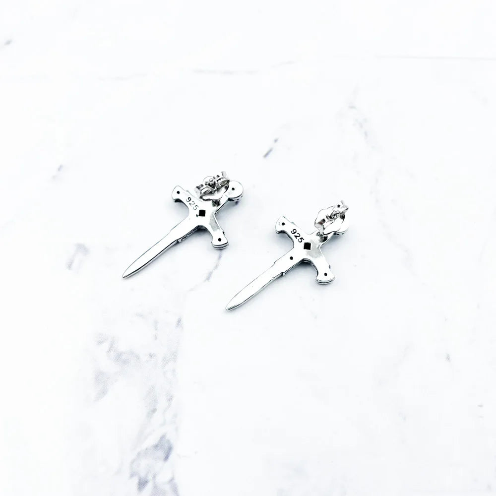 Sword Ear Studs 925 Silver Zirconia Vintage Gift