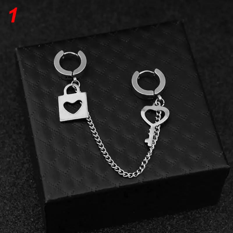 Stainless Steel Key Lock Blade Pendant Ear Clip Earring