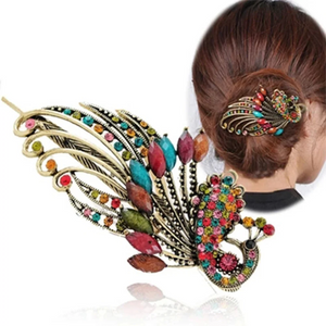 Retro Rhinestone Peacock Hair Pin Hair Fork Duckbill Clip Hair Jewelry