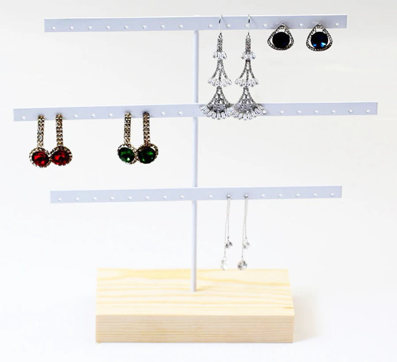 Earring Organizer Stand with Wood Tray - Metal Tower for Ear Studs, 52 Holes