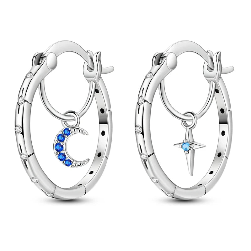 Moon & Heart Hoop Earrings 925 Silver - Women's Starry Butterfly Jewelry