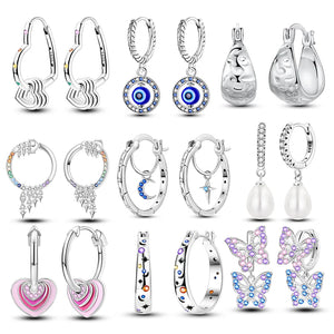 Moon & Heart Hoop Earrings 925 Silver - Women's Starry Butterfly Jewelry