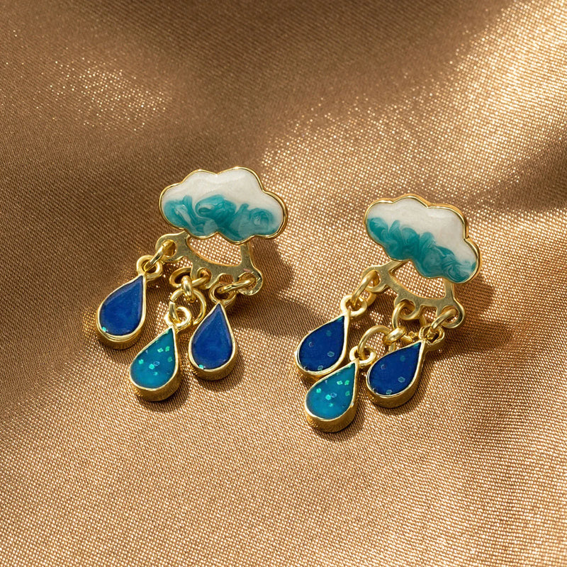 Rainy Cloud Earrings Stud Set Hand Drawn Enamel 925 Jewelry