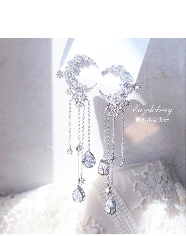Long Tassel Star and Moon Fairy Ear Clip Earrings