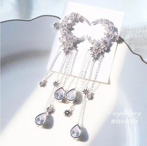 Long Tassel Star and Moon Fairy Ear Clip Earrings