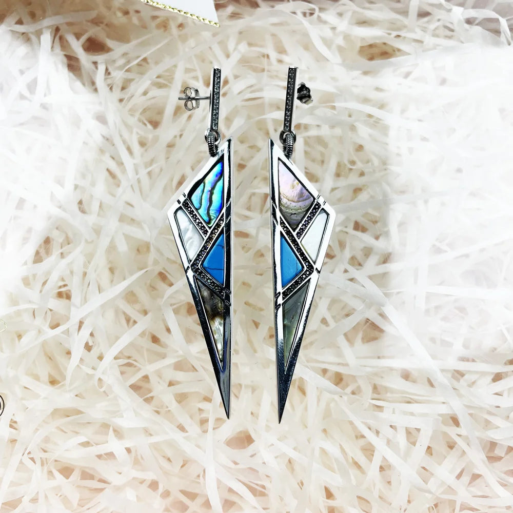 Ethnic Triangle 925 Silver Earrings Colorful Stones Fine Women Jewelry