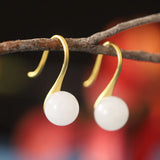 925 Silver Jade Earrings Vintage Gilded Gemstone Ear Studs Heart Ball
