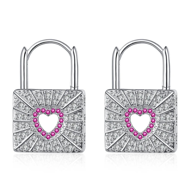 925 Silver Hoop Earrings Diamond Love Heart Lock Peach Heart Earrings