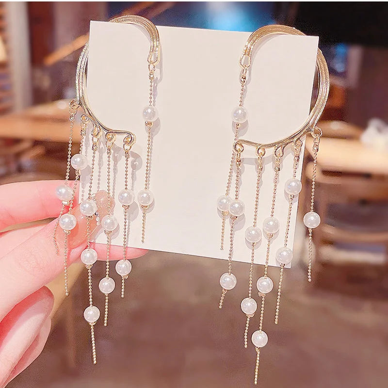Earrings Women Bone Clip Created Pearls Long Fringe Fine Jewelry