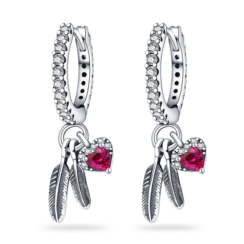 925 Silver Heart Zirconia Feather Earrings