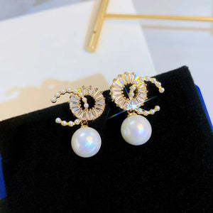 C-Shaped Pearl Rhinestone Earrings Crystal Pendant
