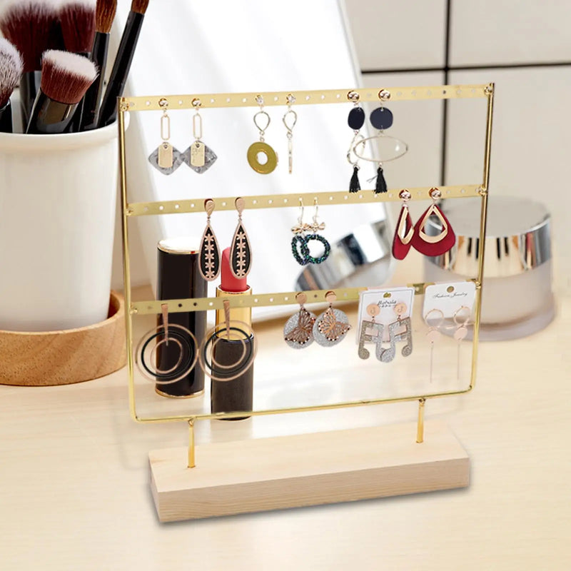 Earrings Organizer 3 Tiers Metal Stand Wooden Base