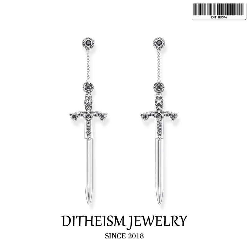 925 Silver Richly Ornamented Sword Earrings
