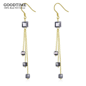 S925 Square Dangle Earrings Crystal Drop 925 Silver Jewelry