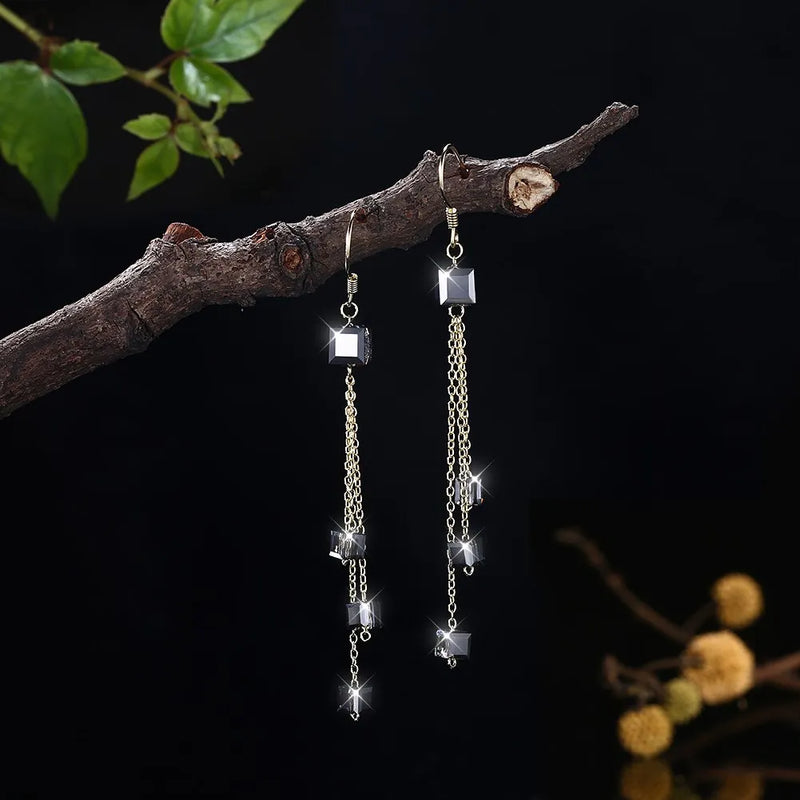 S925 Square Dangle Earrings Crystal Drop 925 Silver Jewelry