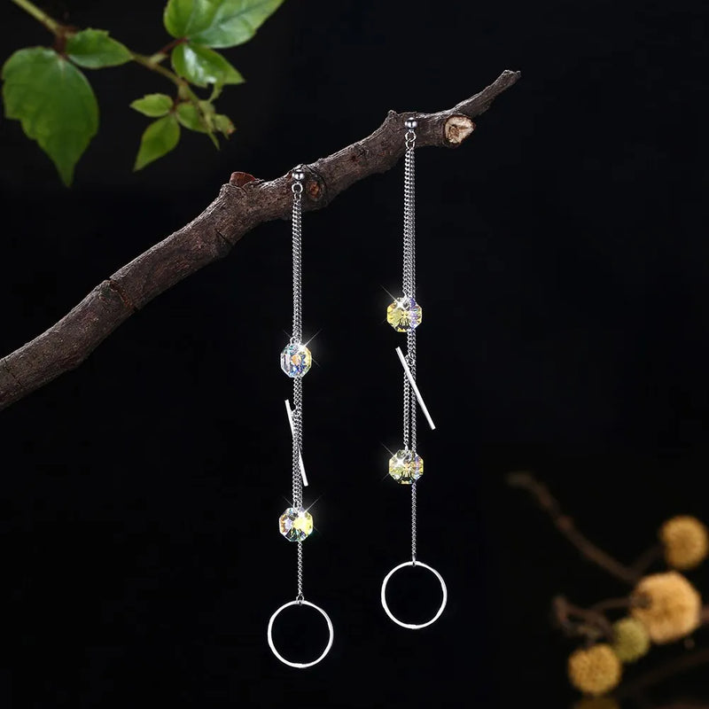 Crystal Tassel Dangle Earrings 925 Silver
