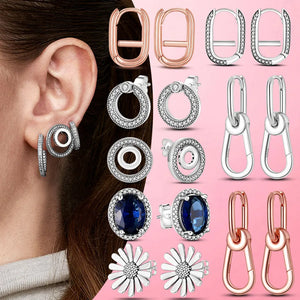 Silver 925 Geometric Stud Earrings Women Wedding Party Style S925 Jewelry