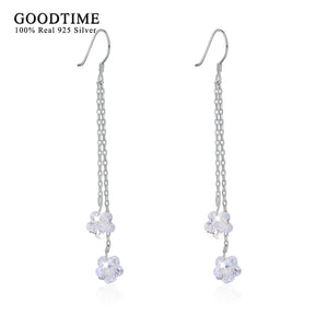 925 Silver Tassel Crystal Flower Drop Earrings