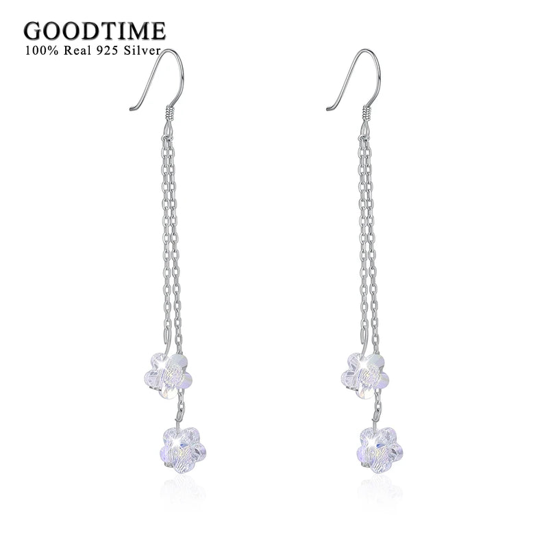 925 Silver Tassel Crystal Flower Drop Earrings