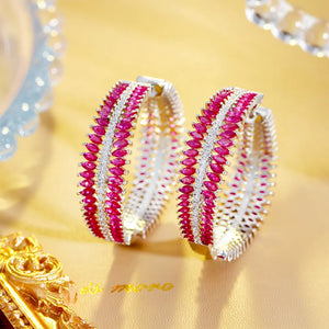 Rose Red Zircon Stone Hoop Earrings Silver Wedding Jewelry