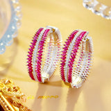Rose Red Zircon Stone Hoop Earrings Silver Wedding Jewelry