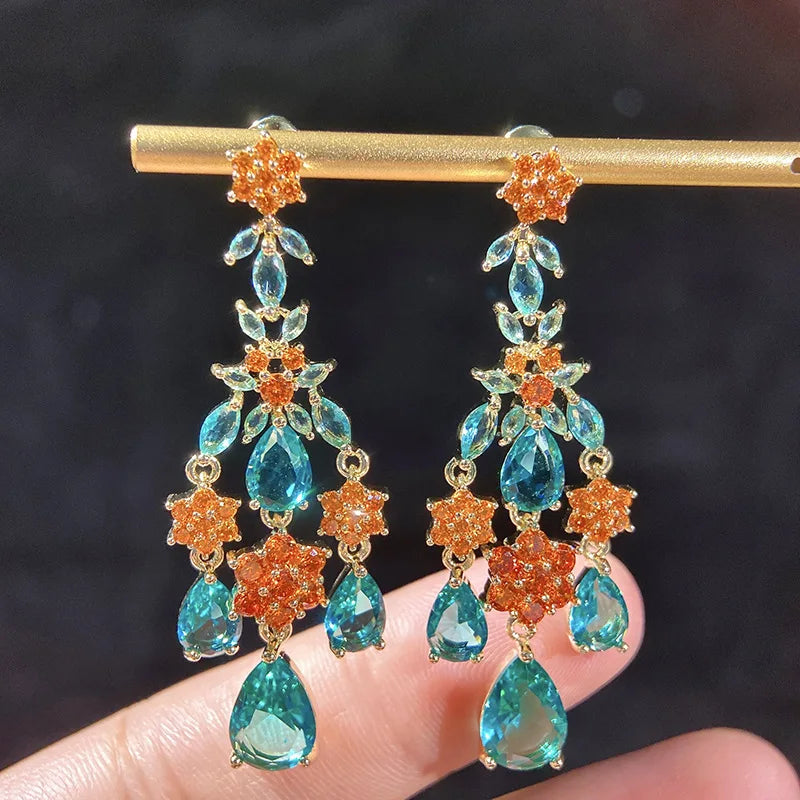 Sterling Silver Drop Long Earrings Zircon Crystal Wedding Party Jewelry