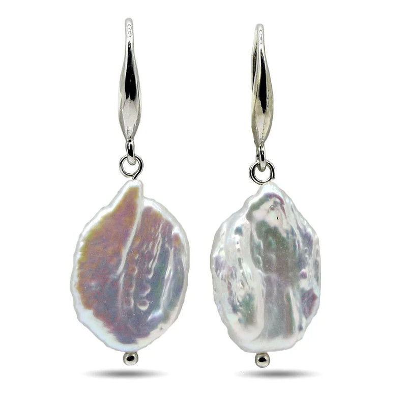 Baroque Pearl Drop Earrings Silver Coin Shape
