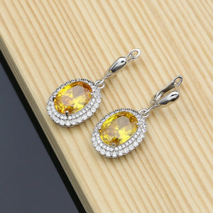 925 Silver Yellow CZ Bridal Dangle Earrings Set for Women