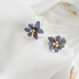 Sweet Gray Small Purple Flowers Pearl Clip Earrings