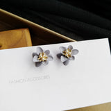 Sweet Gray Small Purple Flowers Pearl Clip Earrings