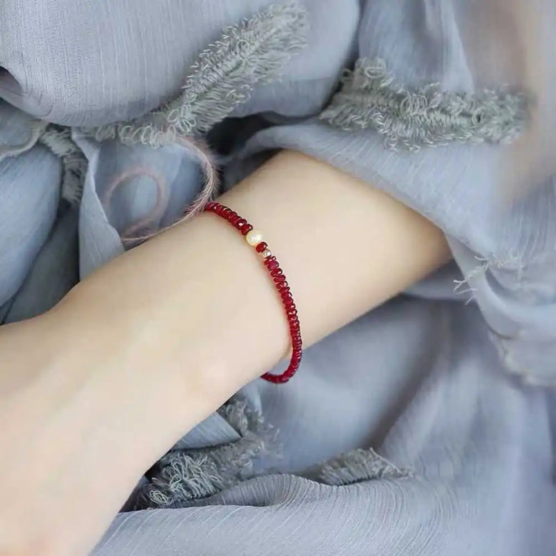 Natural Red Ruby Round Cut Beads Bracelet Cuff Chain 7.5 Inches Long