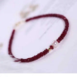 Natural Red Ruby Round Cut Beads Bracelet Cuff Chain 7.5 Inches Long