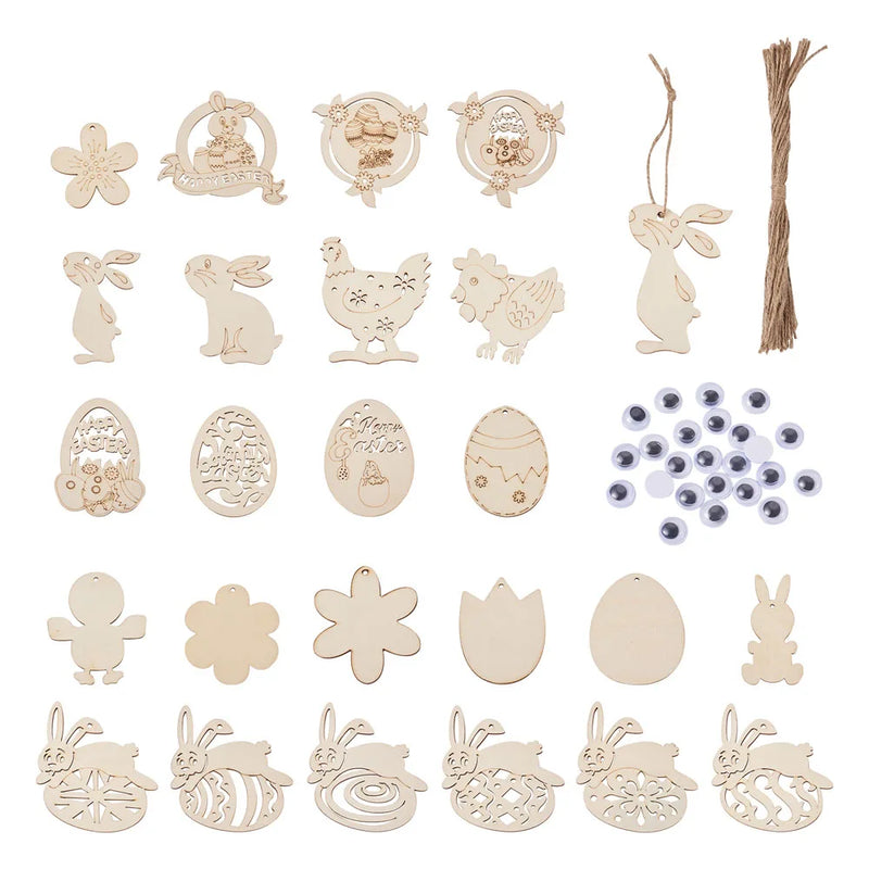 Easter Bunny Egg Wooden Ornaments Pendants Blank Wood Charms Flower Rabbit