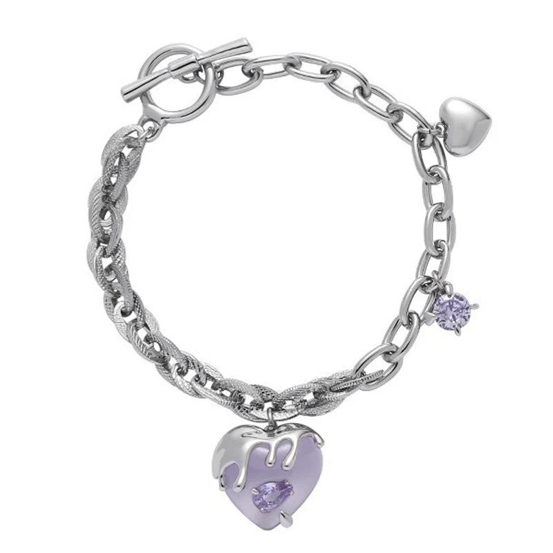 Purple Rhinestone Love Heart Bracelet Bangle Charm