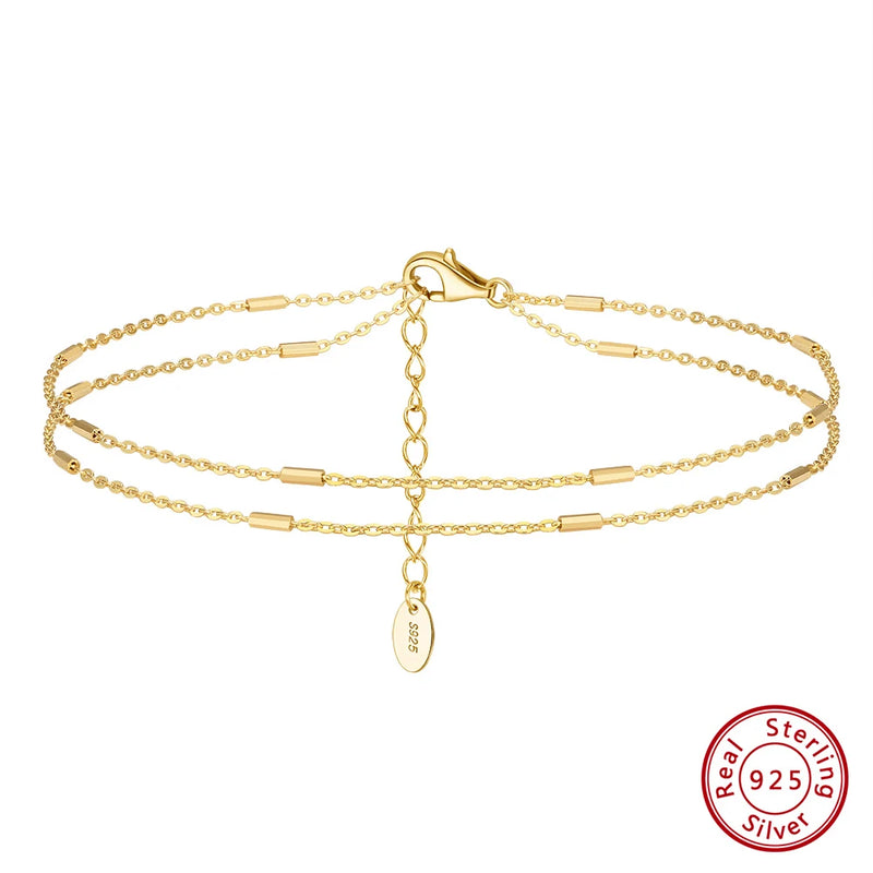 925 Silver Layered Cable Chain Anklet with Horizontal Bar Summer 14K Foot Chain