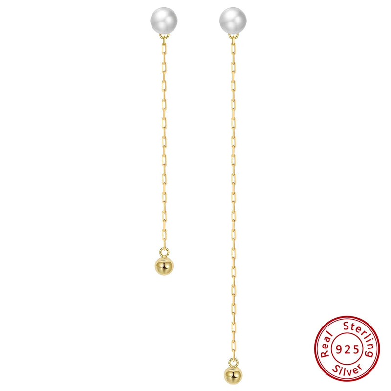 925 Silver Pearl Tassel Earrings Long Chain GPE42