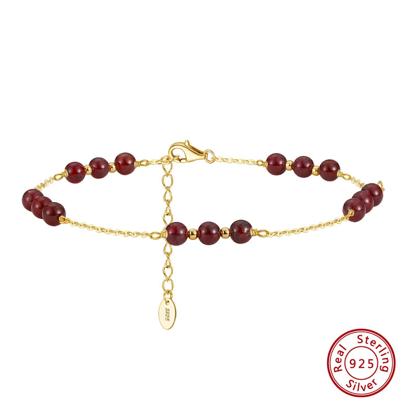 925 Sterling Silver Natural Garnet Chain Anklet for Women