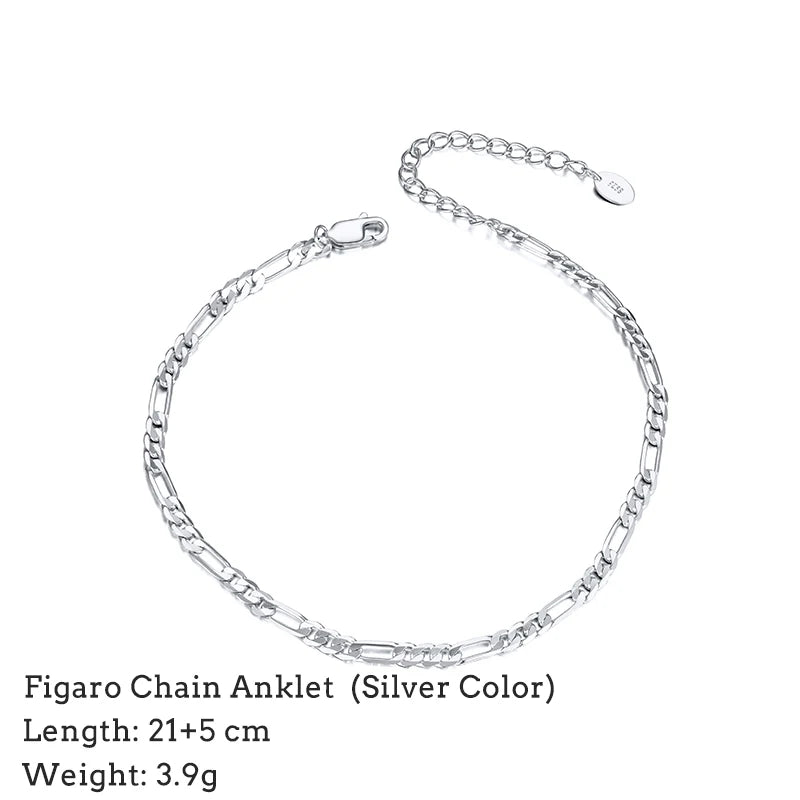Classic Diamond-Cut Chain Ecliptic Anklet Real 925 Silver Delicate Adjustable