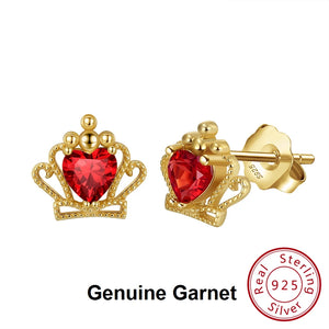 925 Silver Heart Gem Crown Stud Earrings Birthstone Jewelry