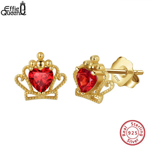 925 Silver Heart Gem Crown Stud Earrings Birthstone Jewelry